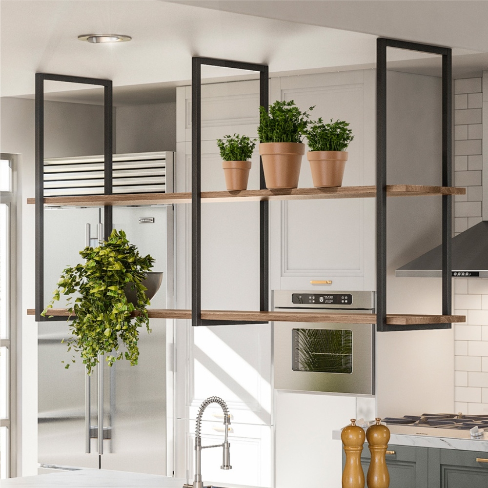 Kit Cozinha Industrial Prateleira e 4 Banquetas Selena Madeira
