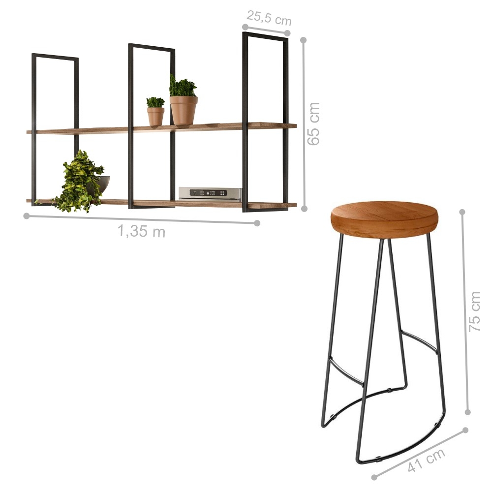 Kit Cozinha Industrial Prateleira e 4 Banquetas Selena Madeira