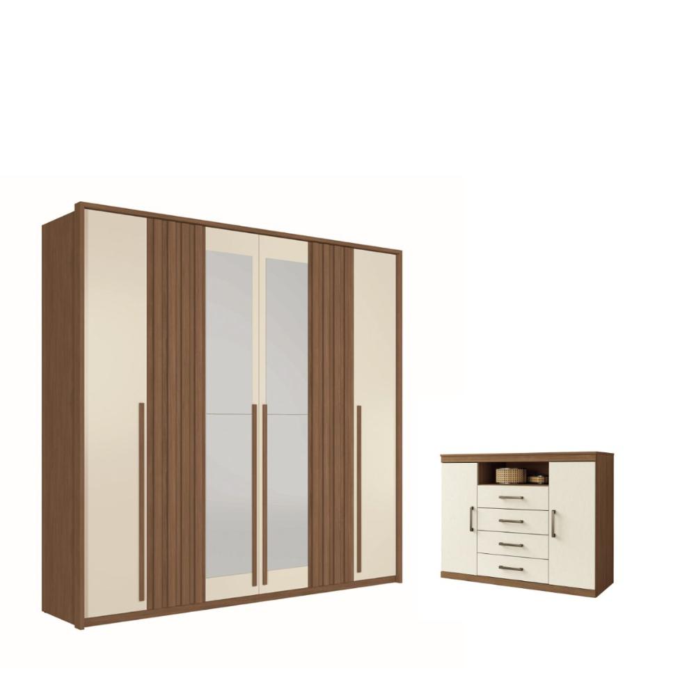 Kit Guarda Roupa 6 Portas Espelho e Cômoda Jack Jatoba Areia