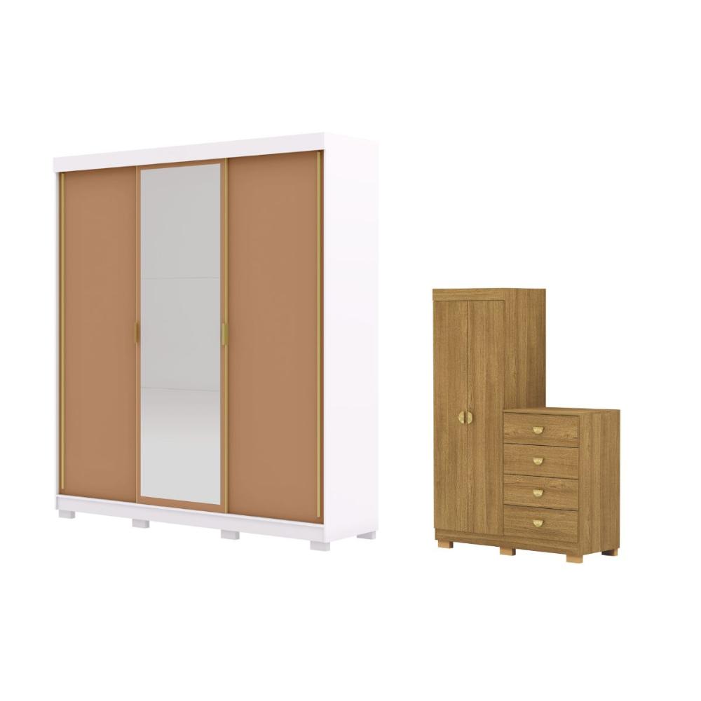 Kit Guarda Roupa Espelho Cômoda Perú Branco Camarim Nature