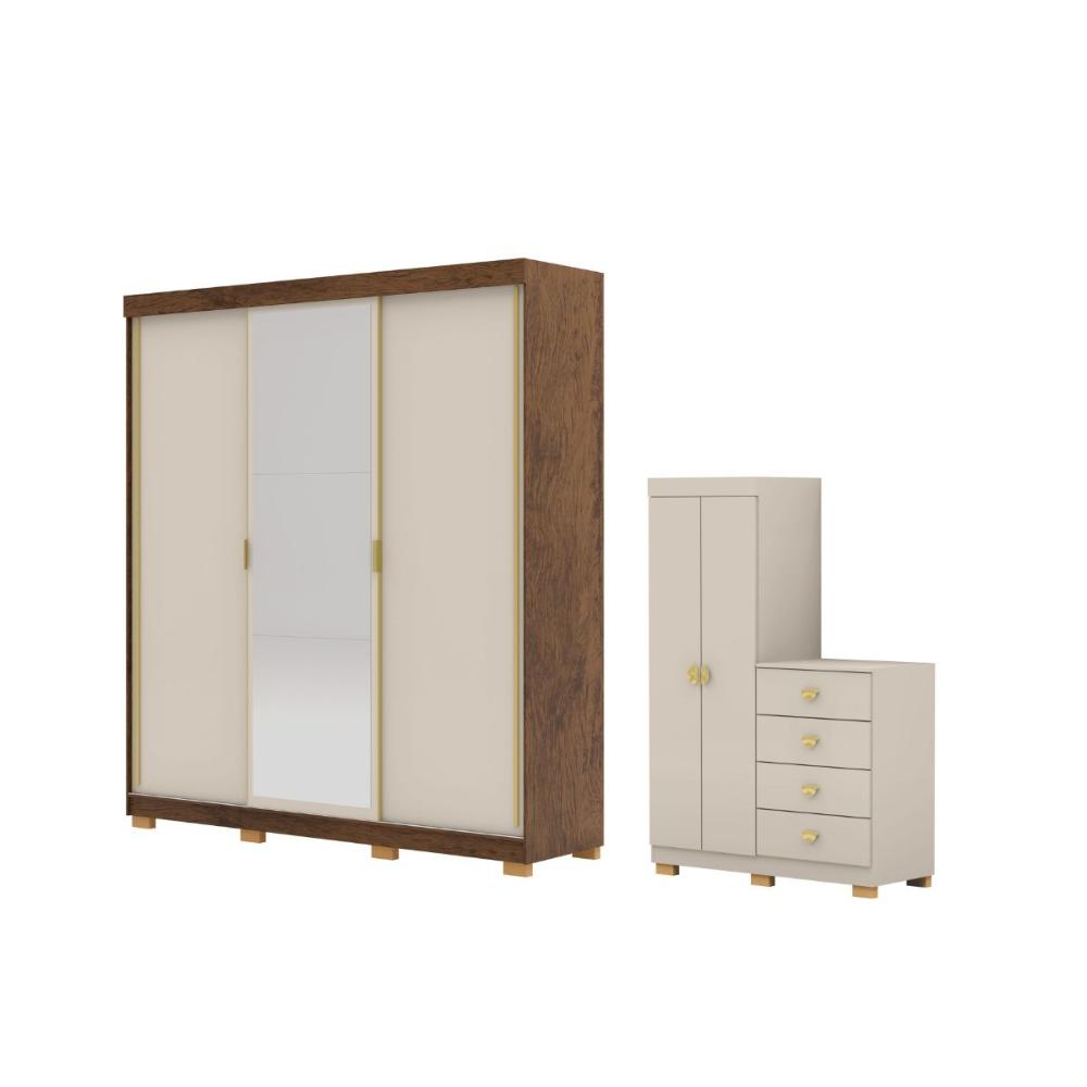 Kit Guarda Roupa Espelho e Cômoda Brasil Fendi Imbuia