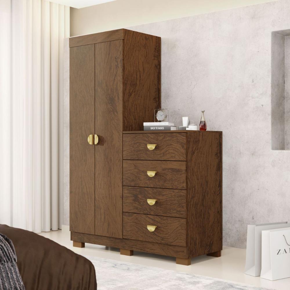 Kit Guarda Roupa Espelho e Cômoda Brasil Imbuia Fendi
