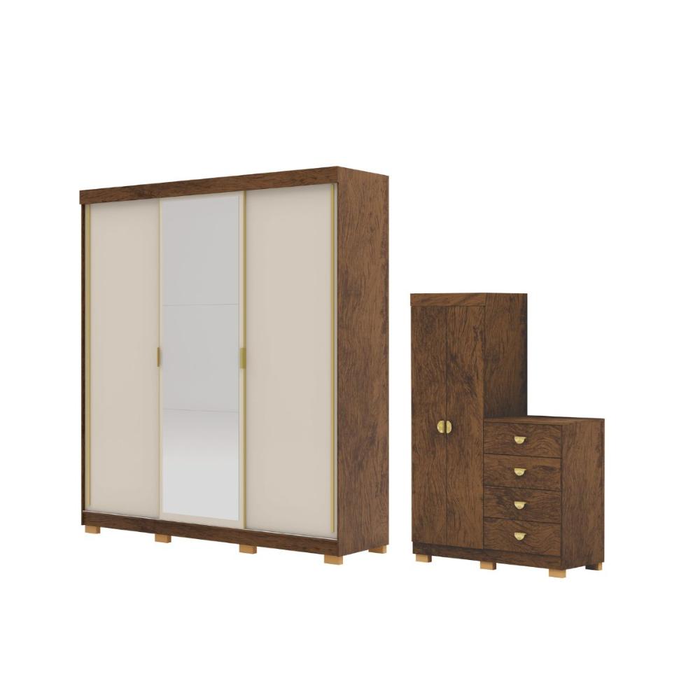 Kit Guarda Roupa Espelho e Cômoda Brasil Imbuia Fendi