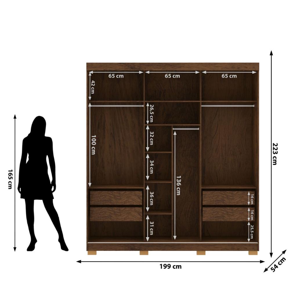 Kit Guarda Roupa Espelho e Cômoda Brasil Imbuia Fendi