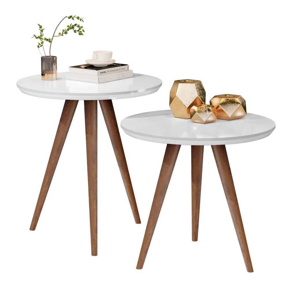 Kit Mesa De Apoio E Lateral Sofá E Sala Visita Freijó - Off White/Freijó