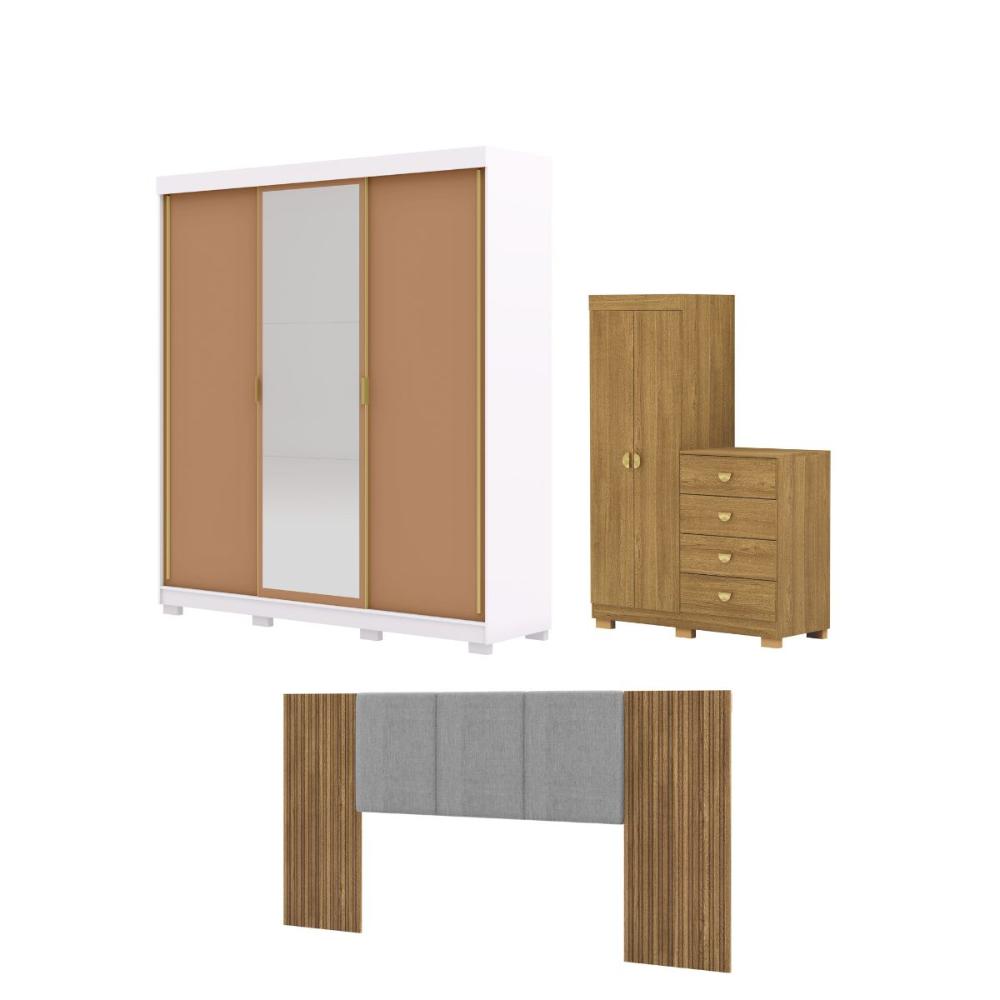 Kit Quarto Espelho Ipu Branco Camarim Nature Brisa Linho Cinza