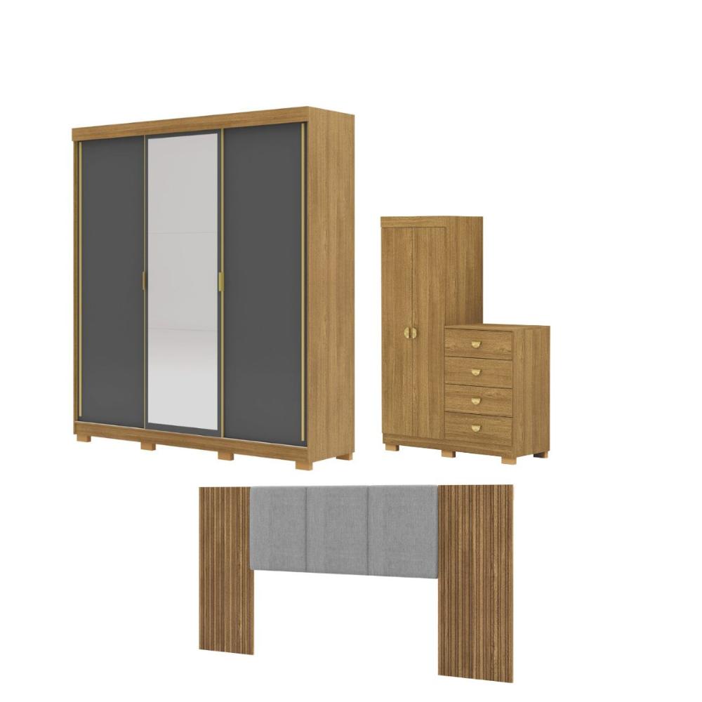 Kit Quarto Espelho Ipu Branco Camarim Nature Linho Cinza