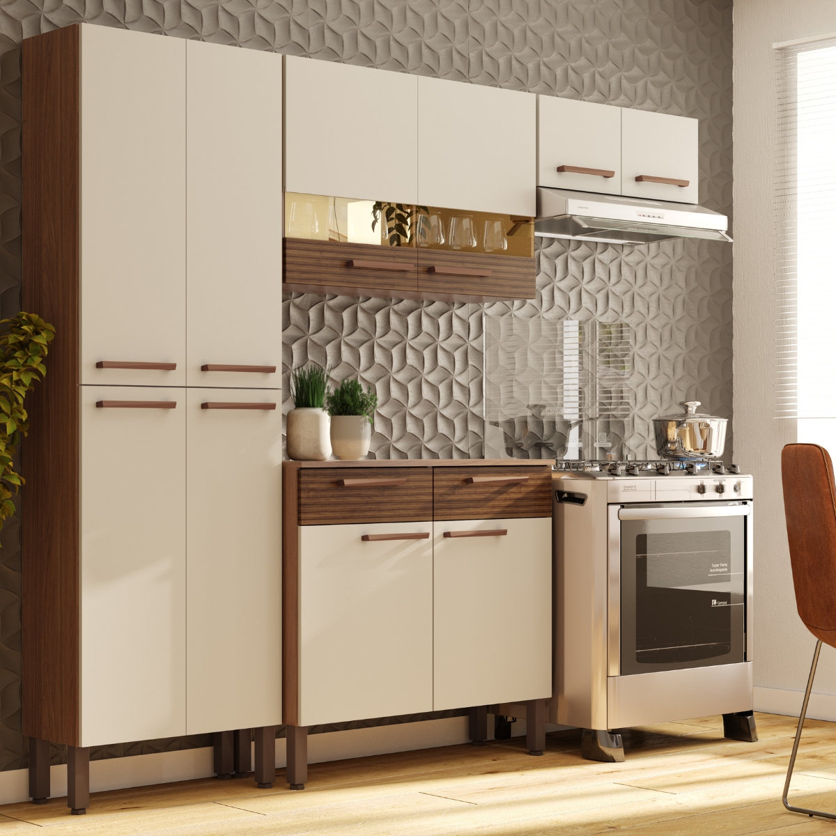 Kit de Cozinha Completo Brest Nogueira Off White