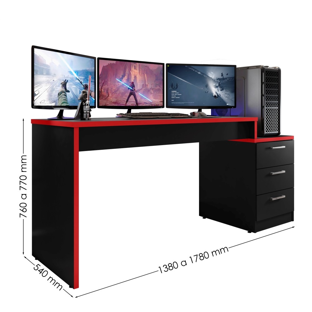 Mesa Gamer com Gaveteiro Versátil Patrick Preto Vermelho