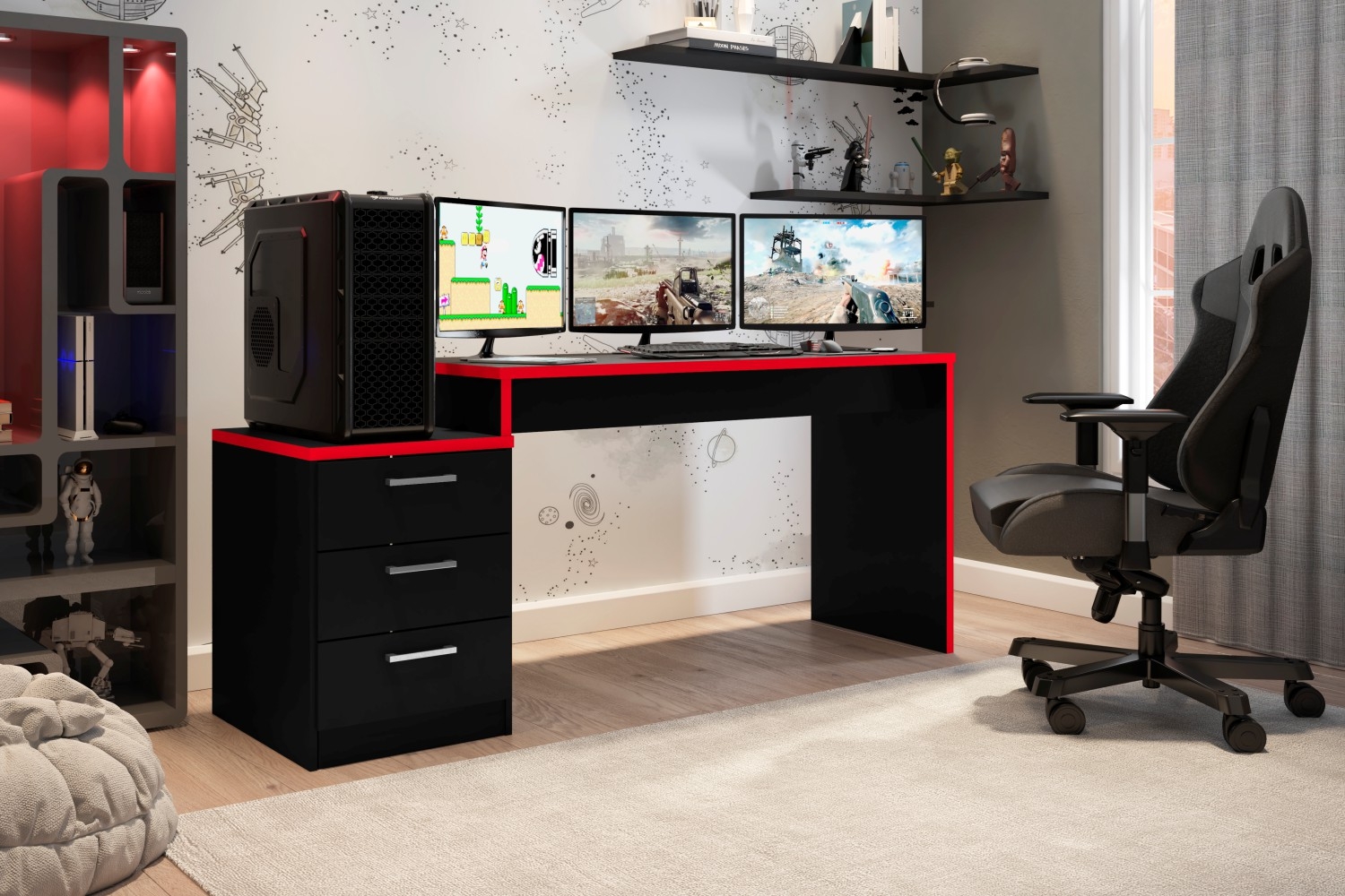 Mesa Gamer com Gaveteiro Versátil Patrick Preto Vermelho