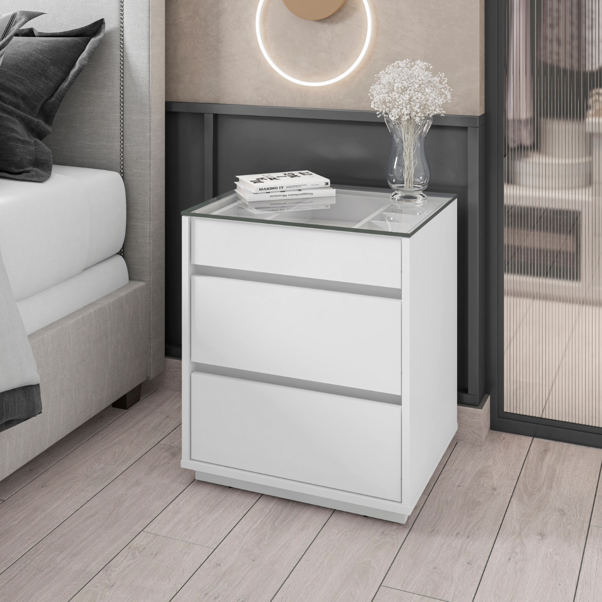Mesa de Cabeceira 3 Gavetas Tampo de Vidro Taipei Branco 
