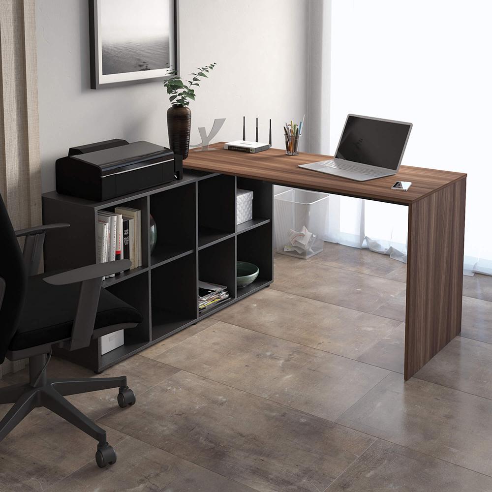 Mesa de Computador em L 8 Nichos Delaware Ipê Preto