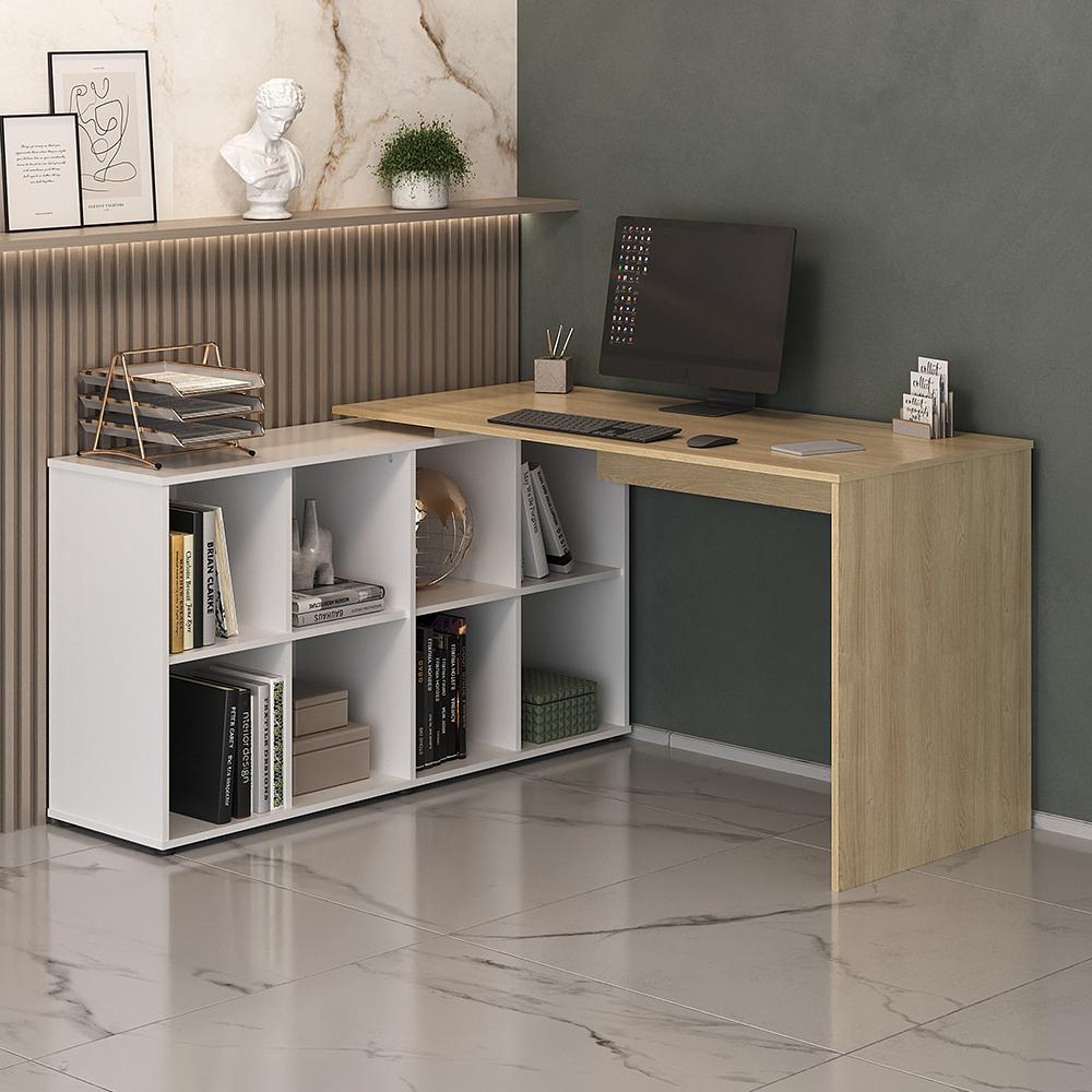 Mesa de Escritório em L 8 Nichos Dakota Carvalho Branco