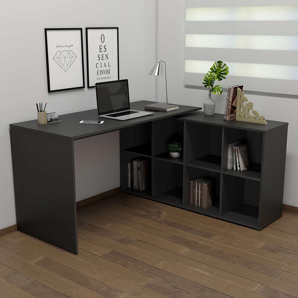 Mesa de Escritório em L 8 Nichos Dakota Preto