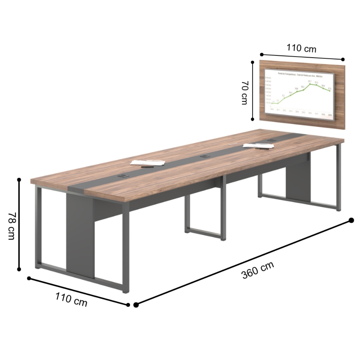 Mesa de Reunião com Painel para TV Madri Noce Preto