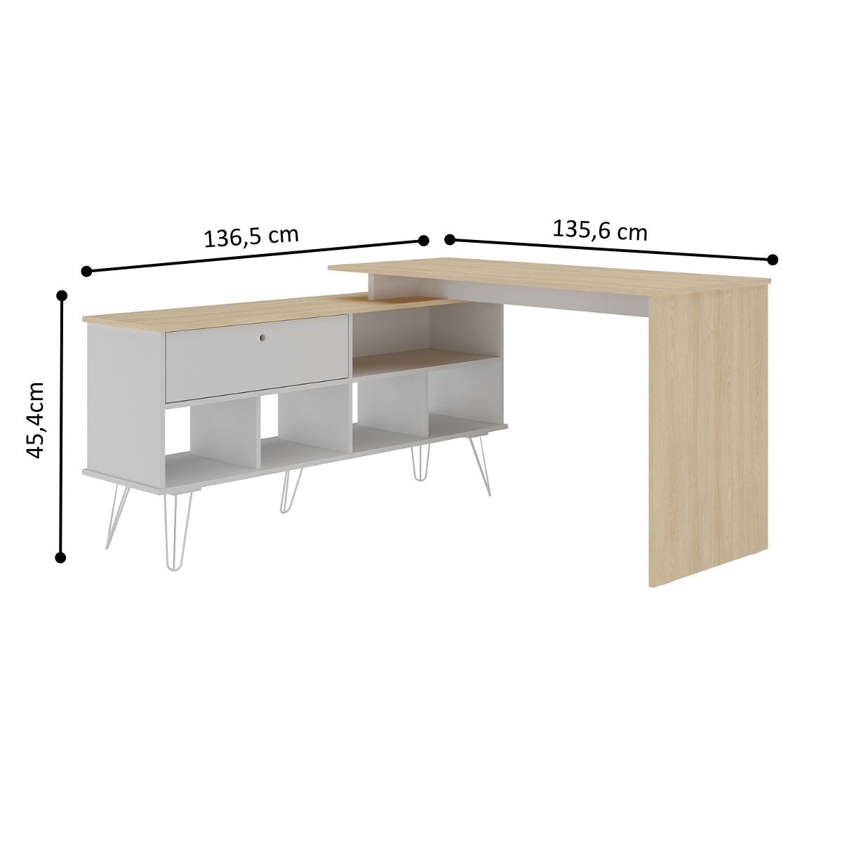 Mesa em L com 1 Porta Basculante Londres Carvalho Branco