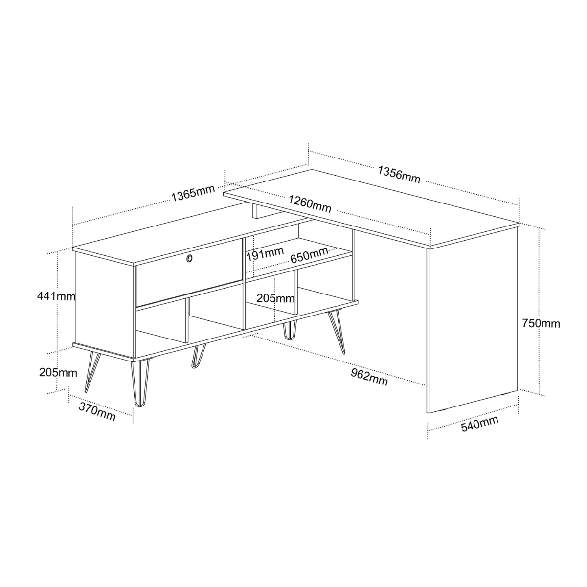 Mesa em L com 1 Porta Basculante Londres Carvalho Branco