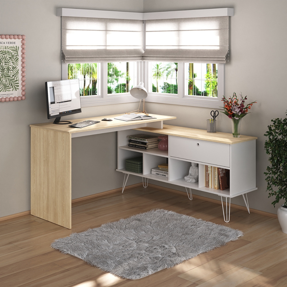 Mesa em L com 1 Porta Basculante Londres Carvalho Branco