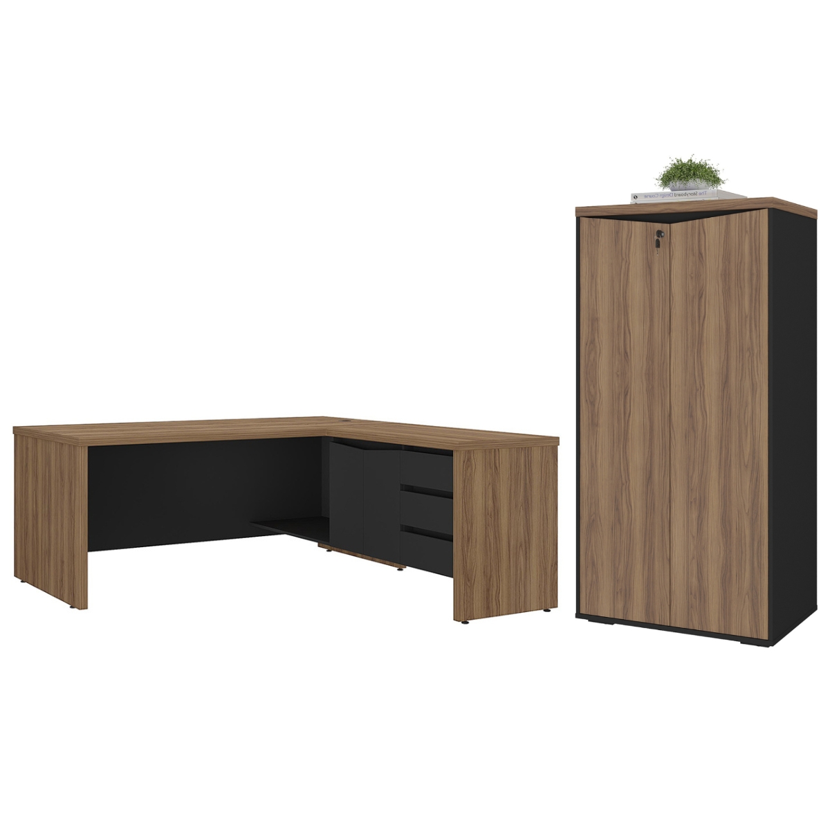 Mesa em L com Armário 2 Portas Manaus Nogal Preto