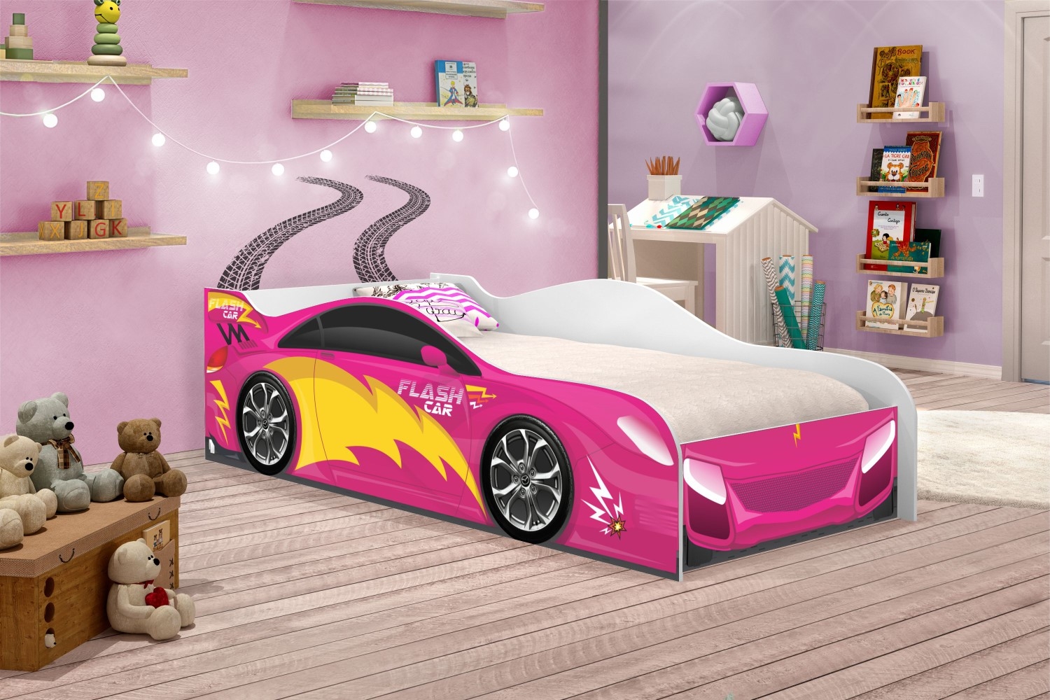 Mini Cama Carrinho Flash Rosa com Colchão