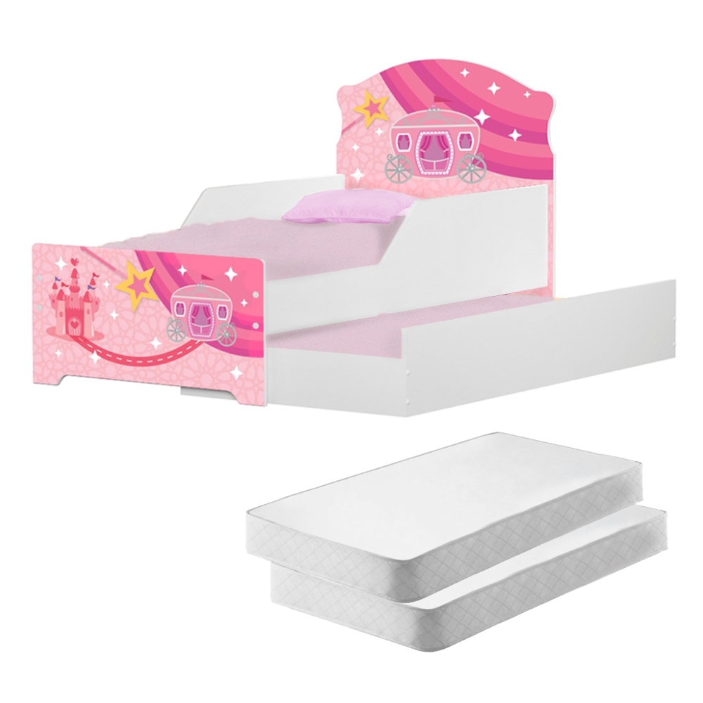 Mini Cama Infantil com Auxiliar Pop Carruagem Rosa com Colchões