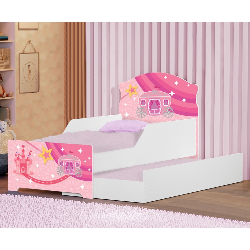 Mini Cama Infantil com Auxiliar Pop Carruagem Rosa com Colchões