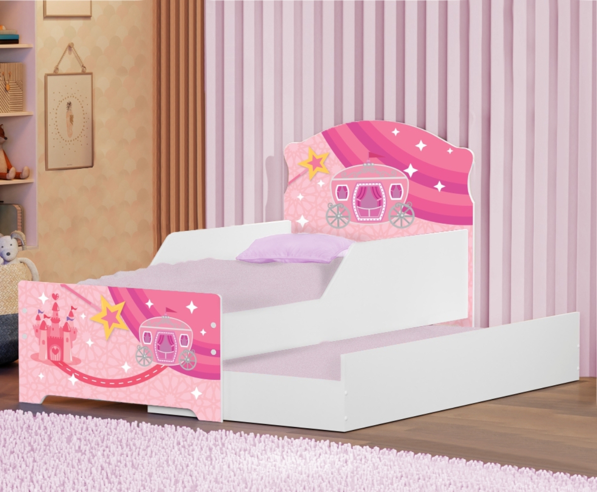 Mini Cama Infantil com Auxiliar Pop Carruagem Rosa com Colchões