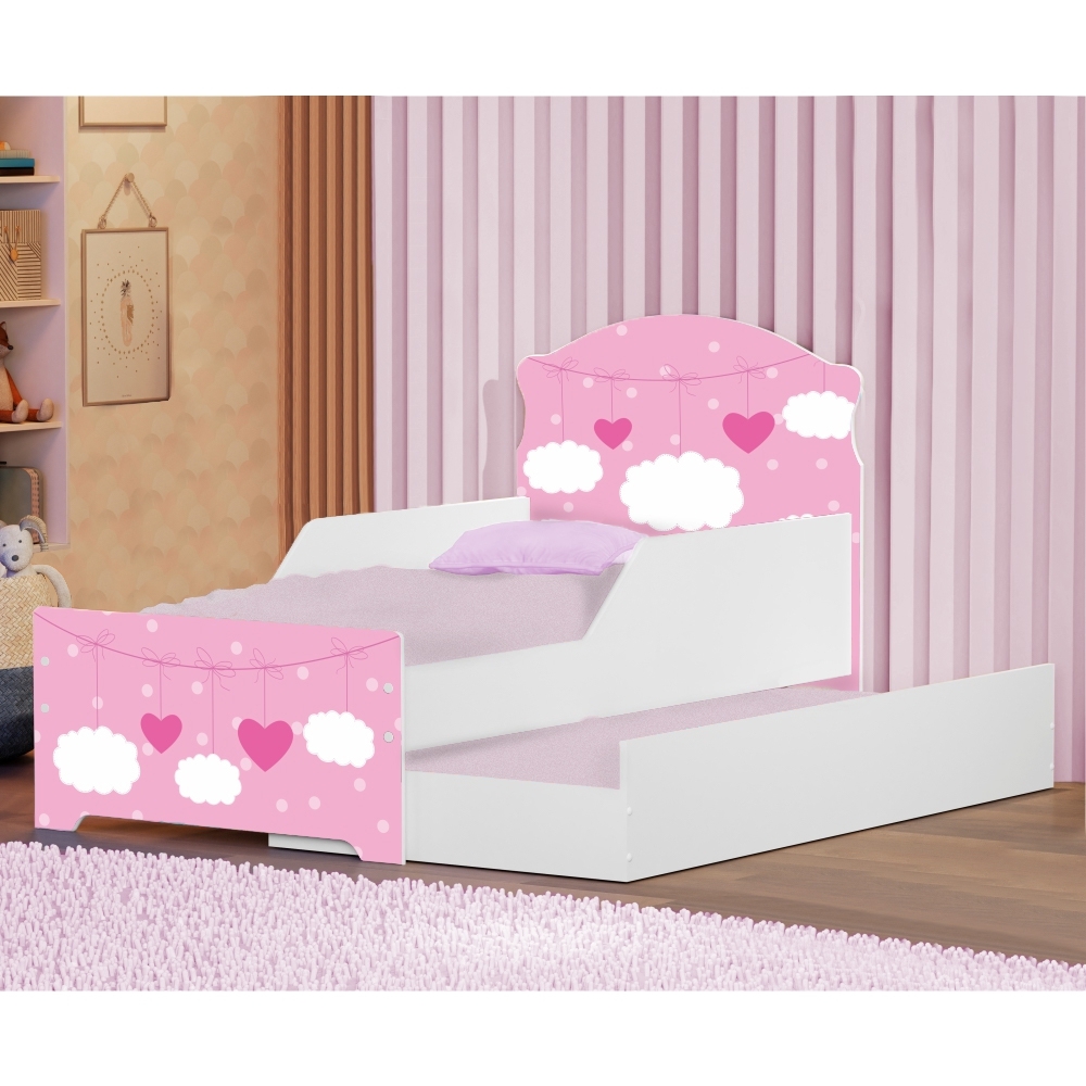 Mini Cama Infantil com Auxiliar Pop Nuvens Rosa com Colchões