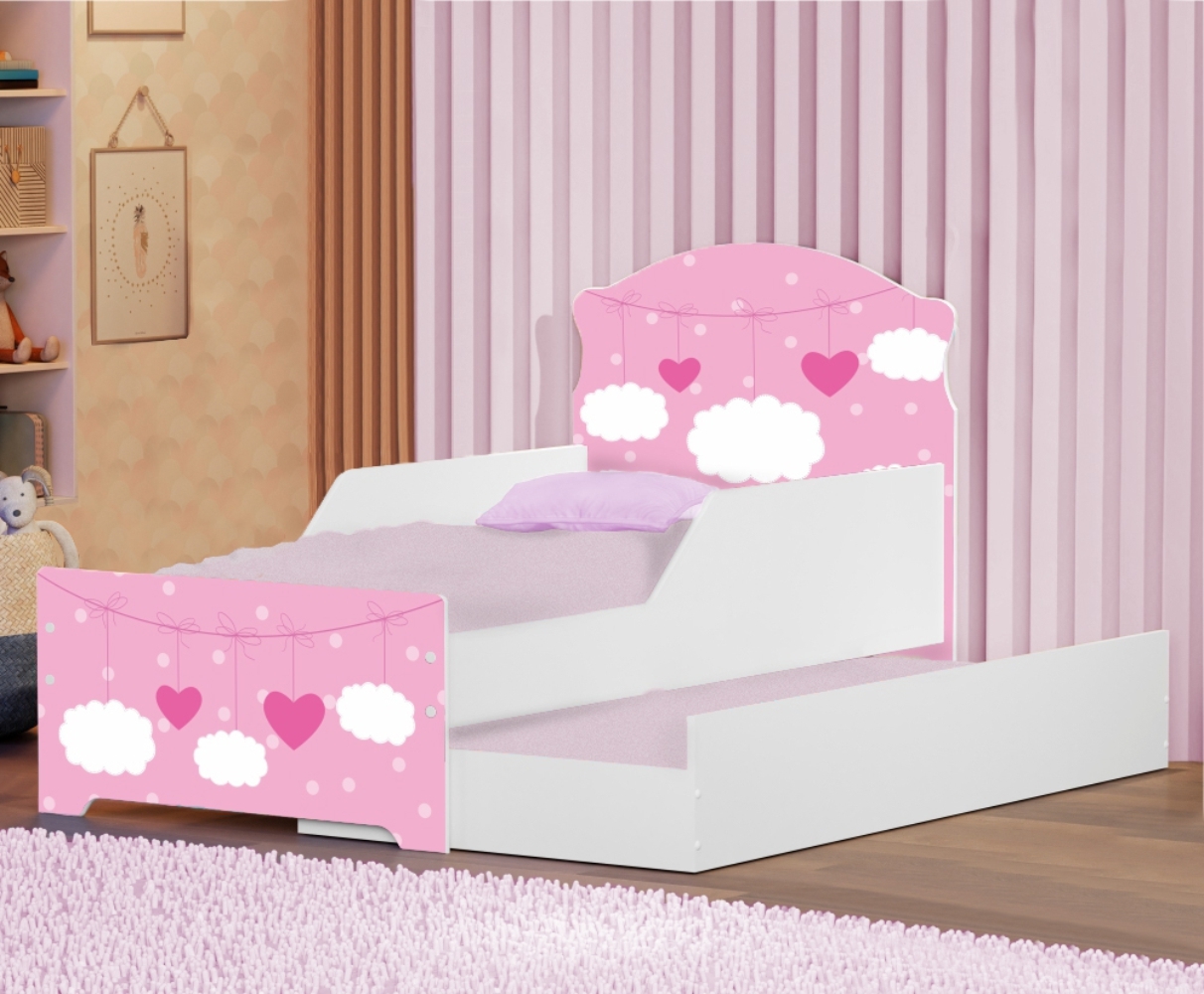 Mini Cama Infantil com Auxiliar Pop Nuvens Rosa com Colchões