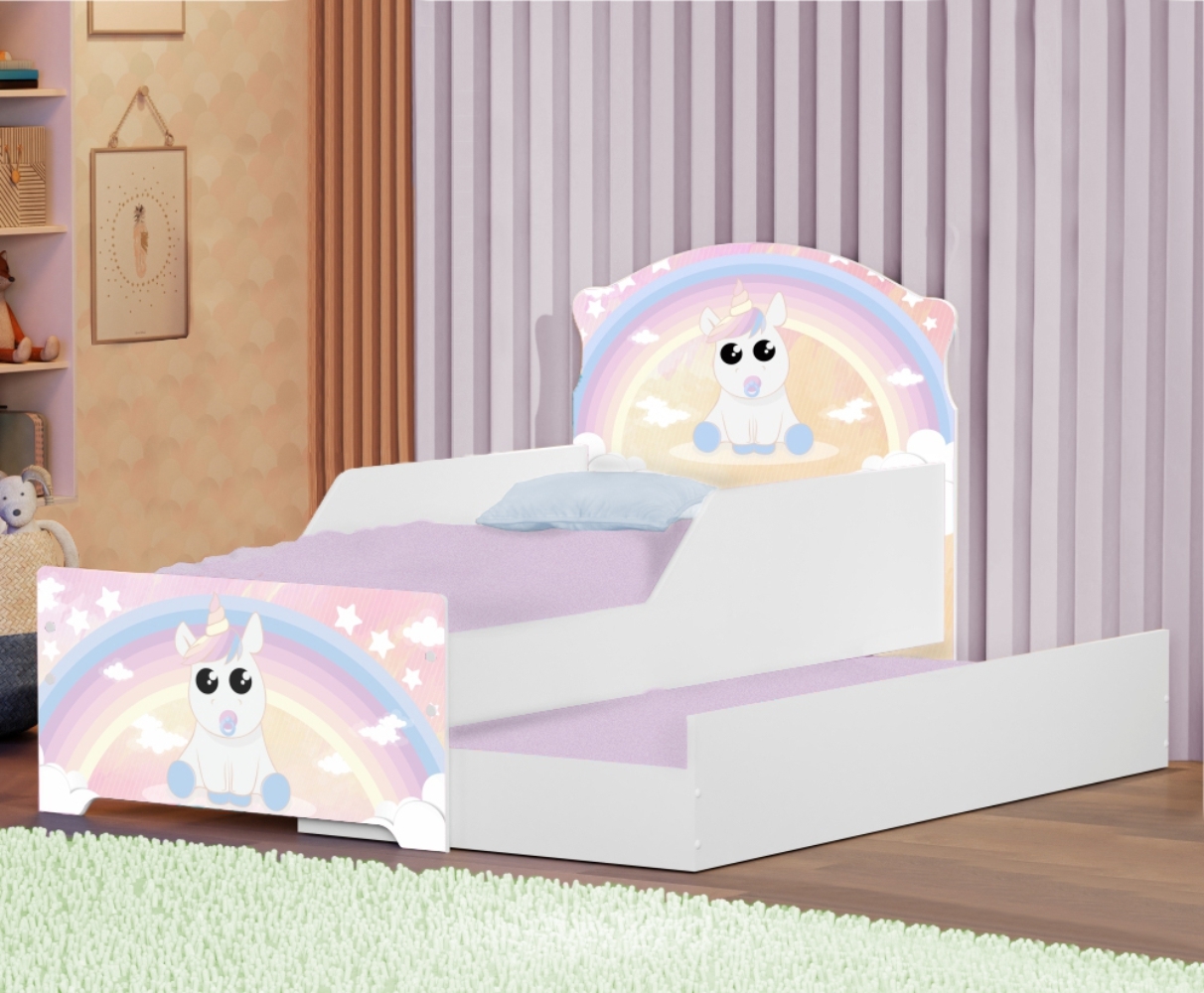 Mini Cama Infantil com Auxiliar Pop Unicórnio Criança com Colchões