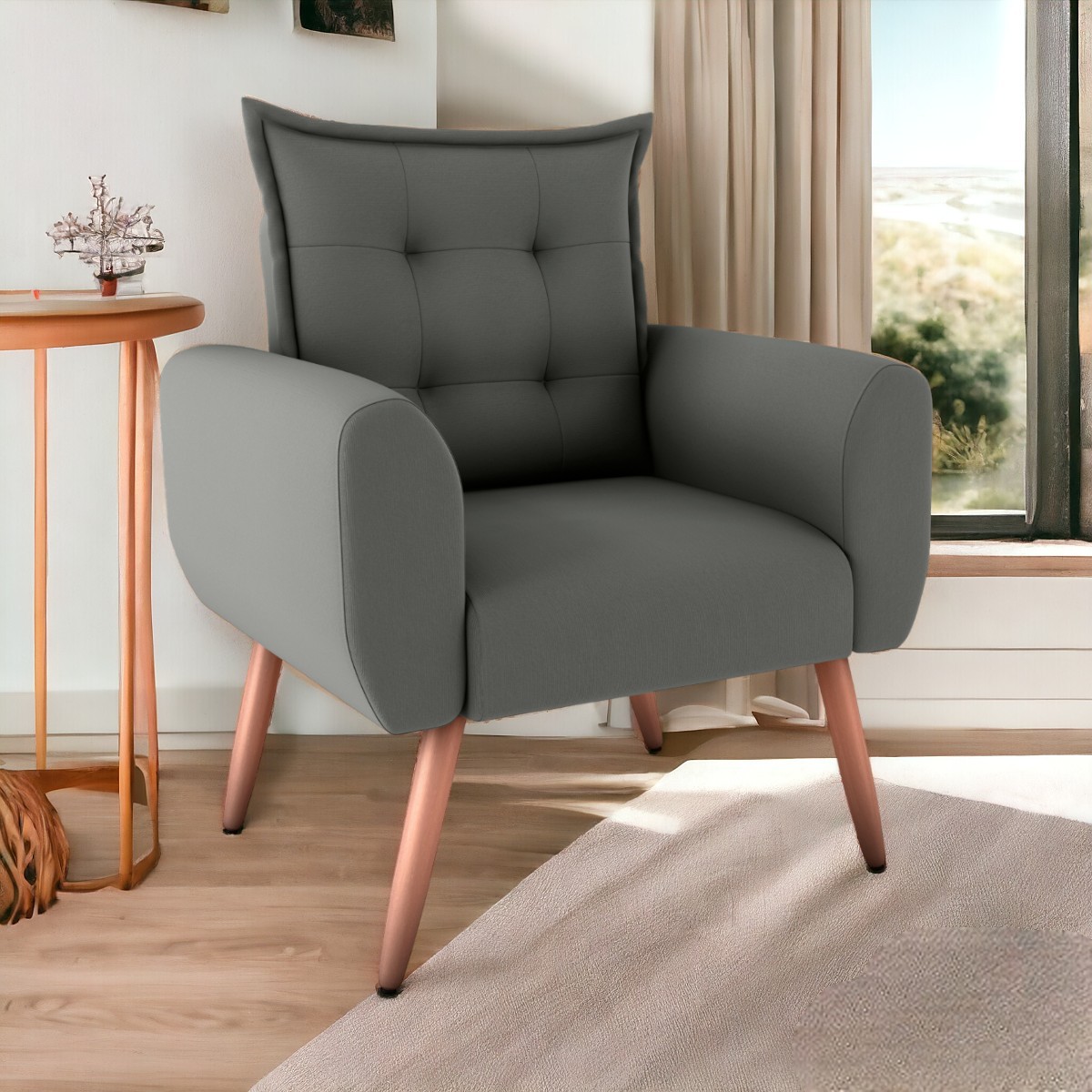 Poltrona Decorativa para Sala Arcos Suede Cinza