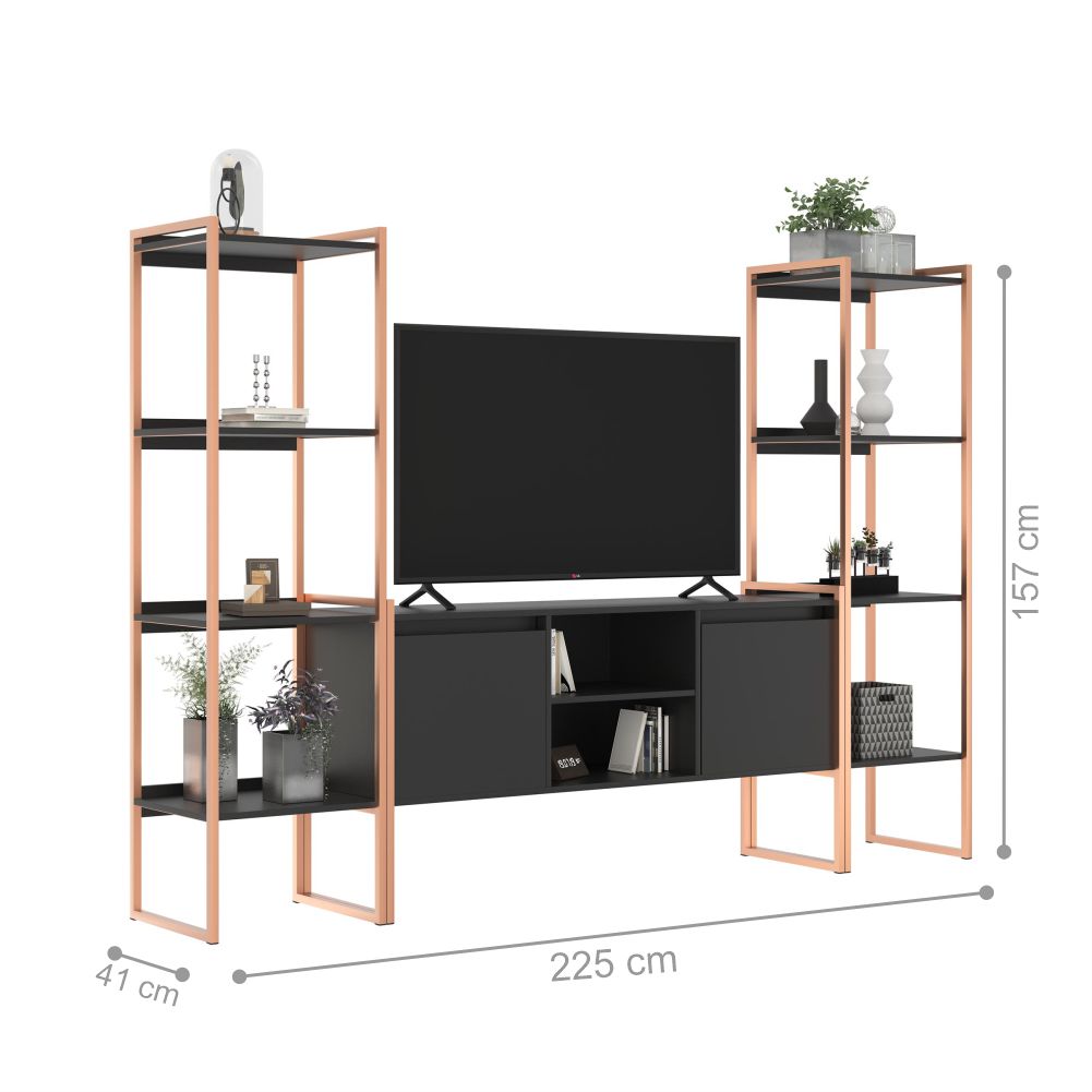 Rack com Estante 2 Portas Manila Preto Cobre