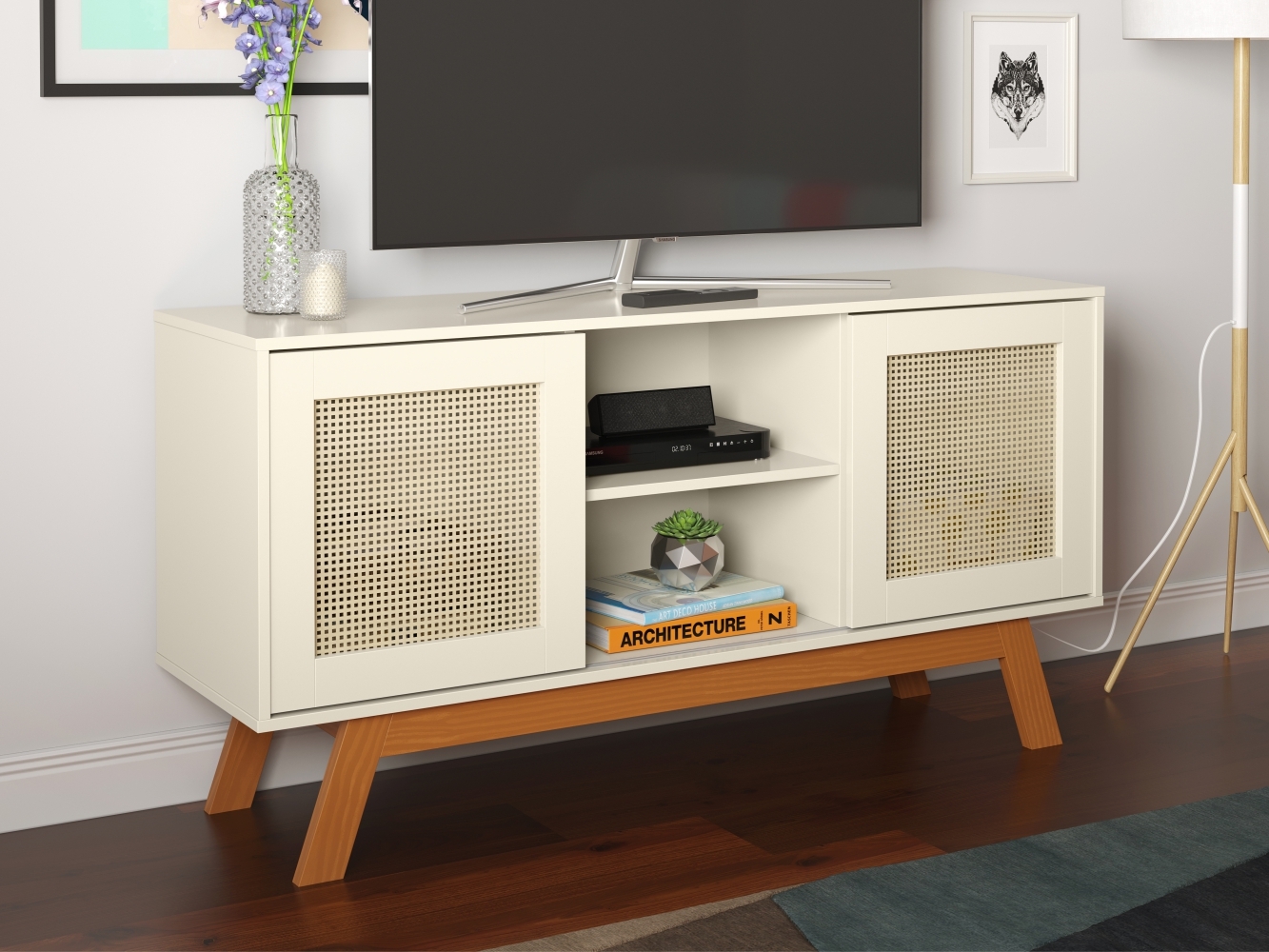 Rack para TV Amsterdam detalhe em Rattan Sintético Off White