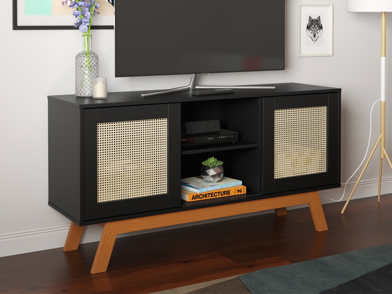 Rack para TV Amsterdam detalhe em Rattan Sintético Preto