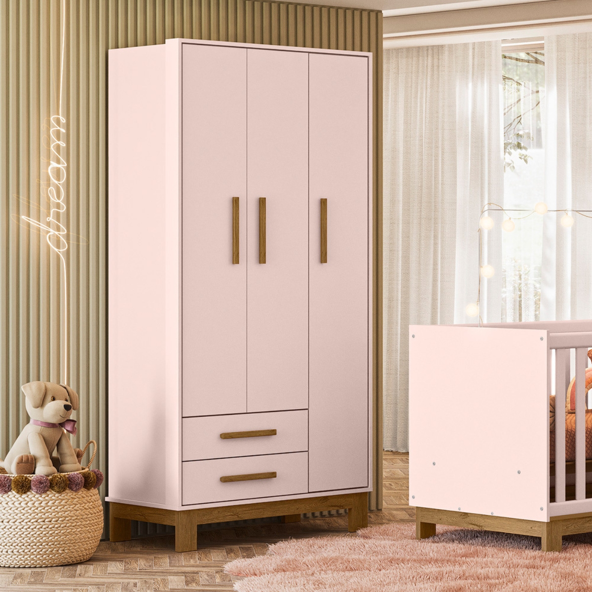 Roupeiro com 3 Portas Segóvia Rosa Acetinado
