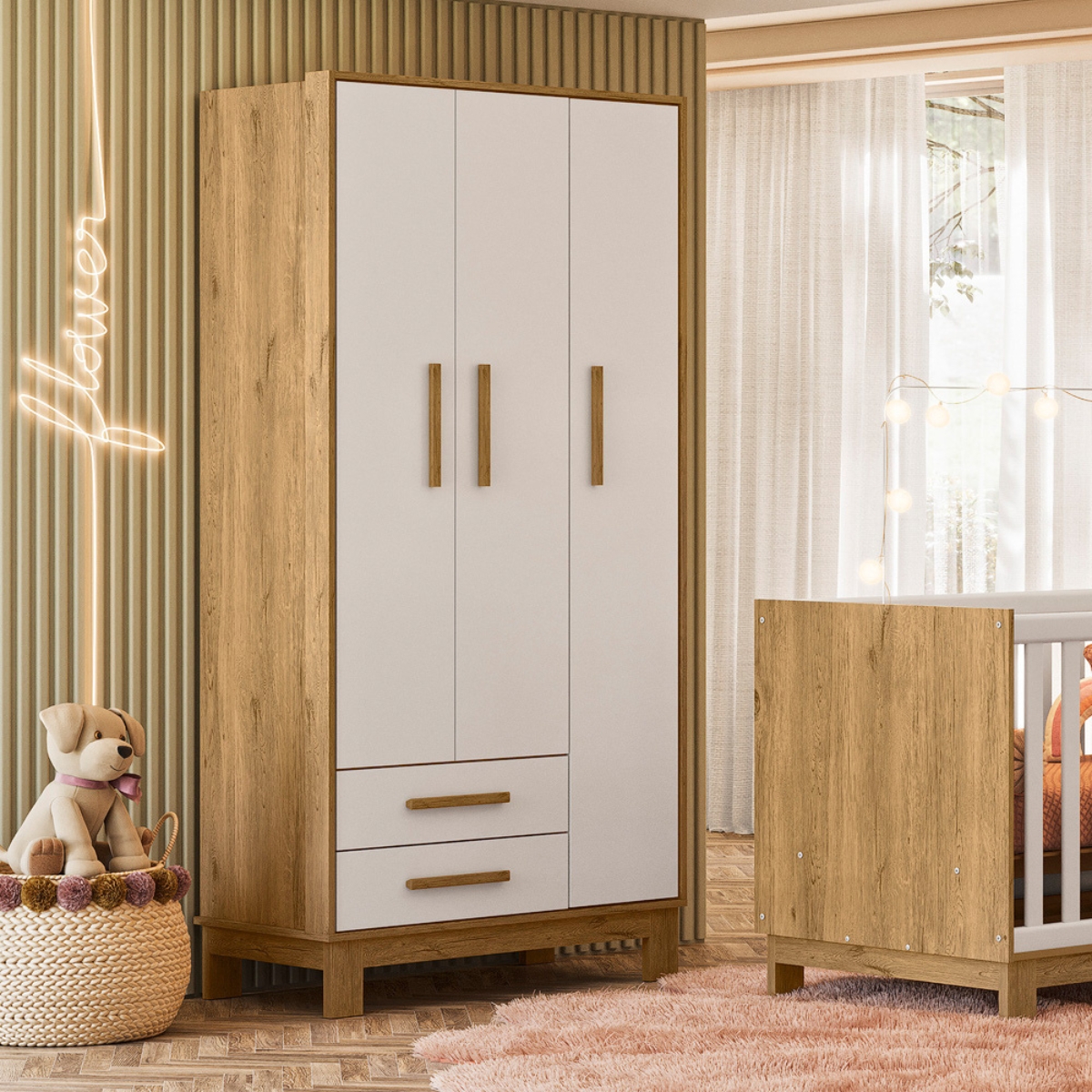 Roupeiro com 3 Portas e Cômoda Malta Freijó Branco Acetinado