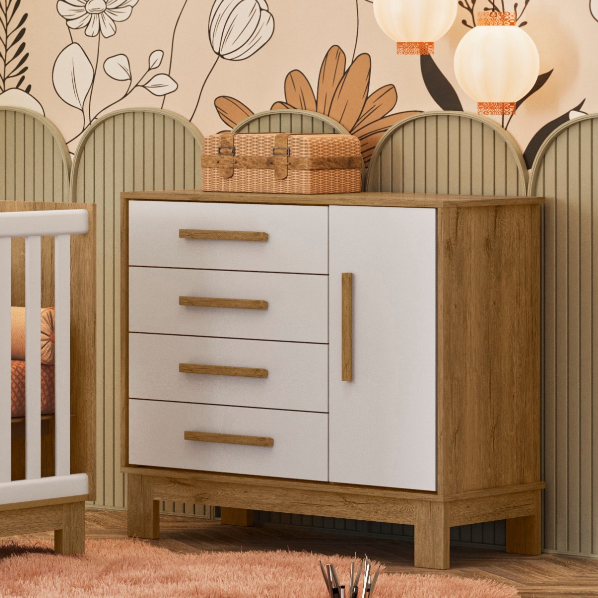 Roupeiro com 3 Portas e Cômoda Malta Freijó Branco Acetinado