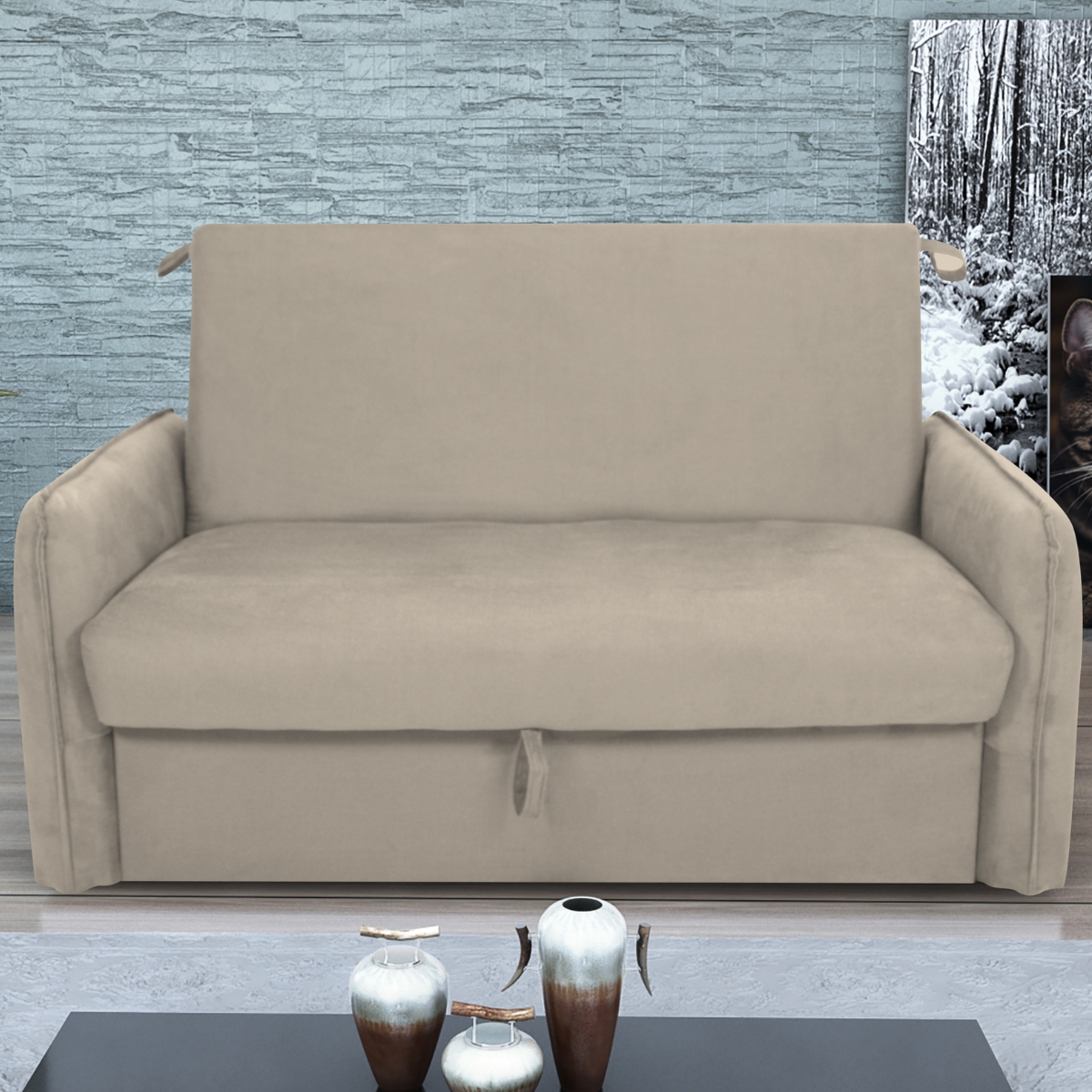 Sofá Cama 2 Lugares com Baú Fabian Suede Bege