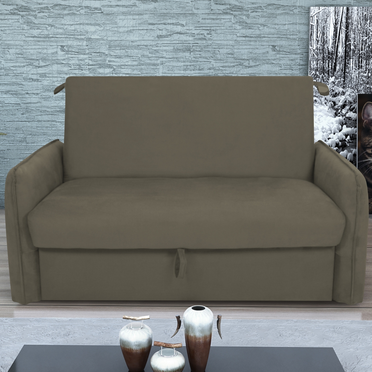 Sofá Cama 2 Lugares com Baú Fabian Suede Cappuccino