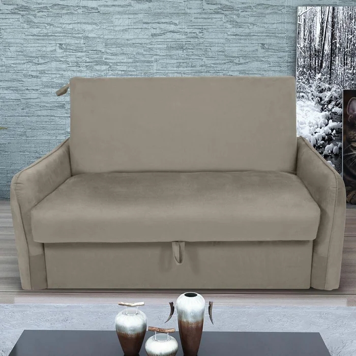 Sofá Cama 2 Lugares com Baú Fabian Veludo Cappuccino