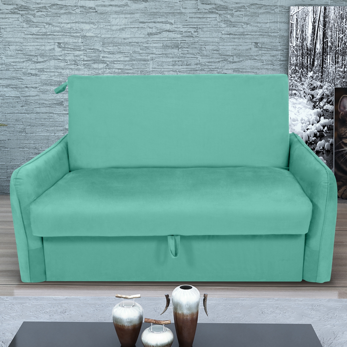 Sofá Cama 2 Lugares com Baú Fabian Veludo Verde Menta