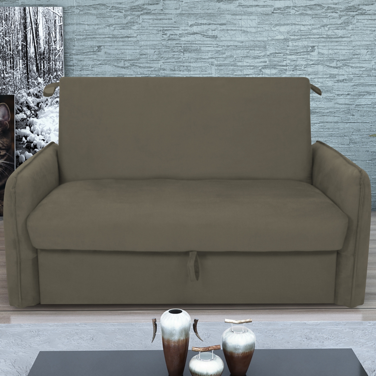 Sofá Cama 2 Lugares com Baú Swords Suede Cappuccino