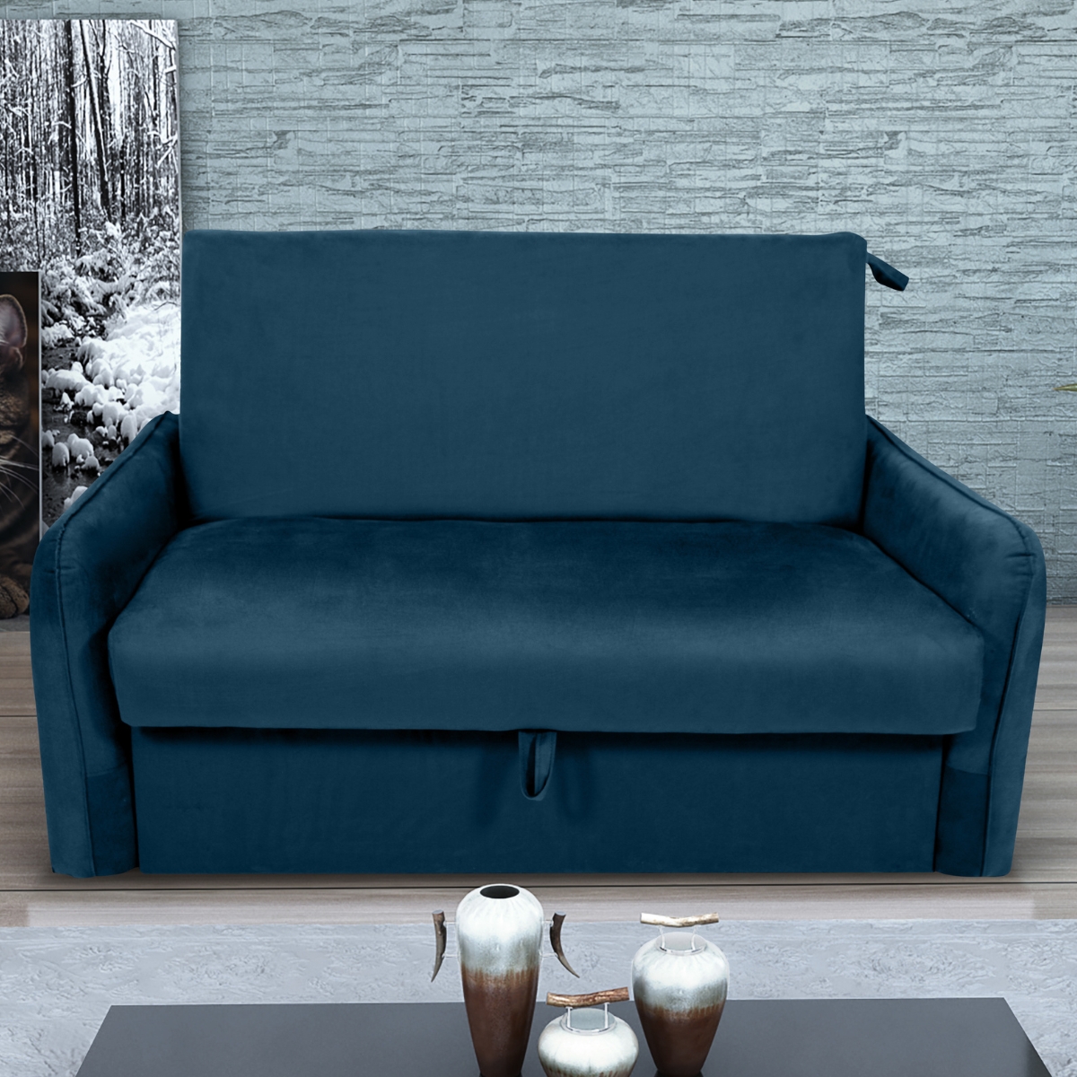 Sofá Cama 2 Lugares com Baú Swords Veludo Azul