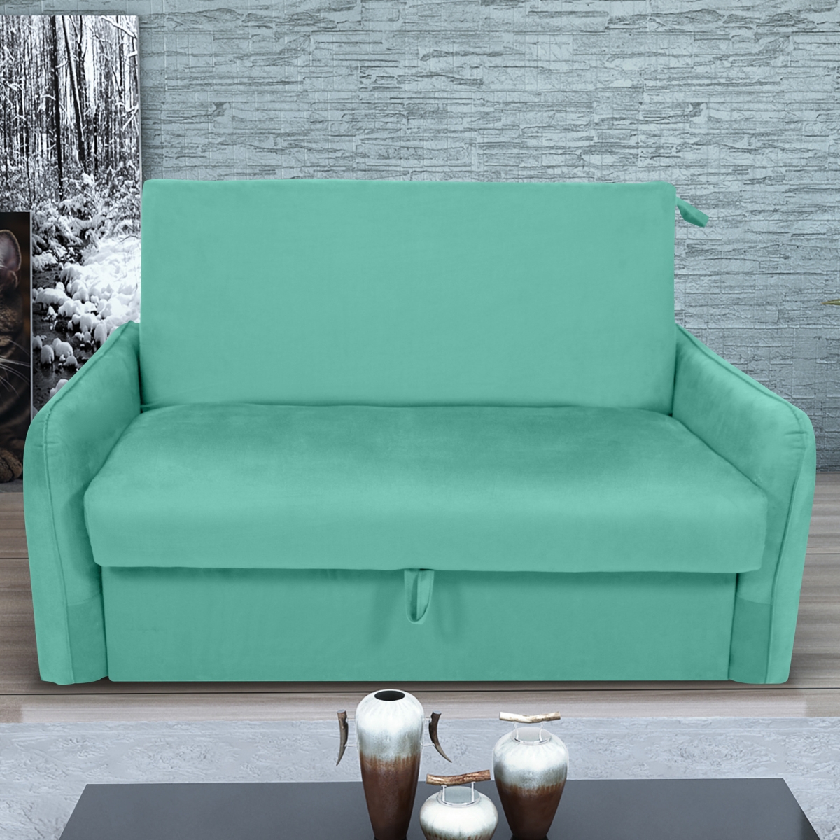Sofá Cama 2 Lugares com Baú Swords Veludo Verde Menta