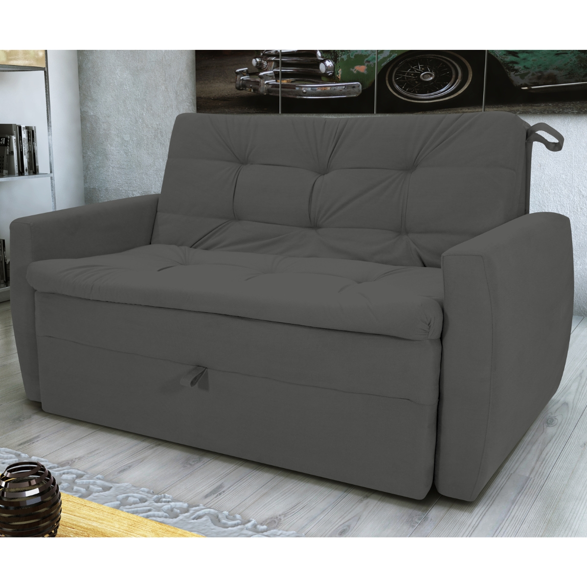 Sofá Cama para Sala de Estar Hiro Suede Cinza