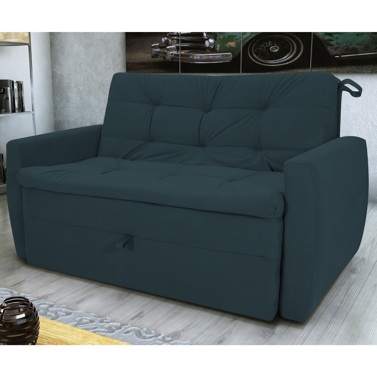 Sofá Cama para Sala de Estar Hiro Suede Petróleo 