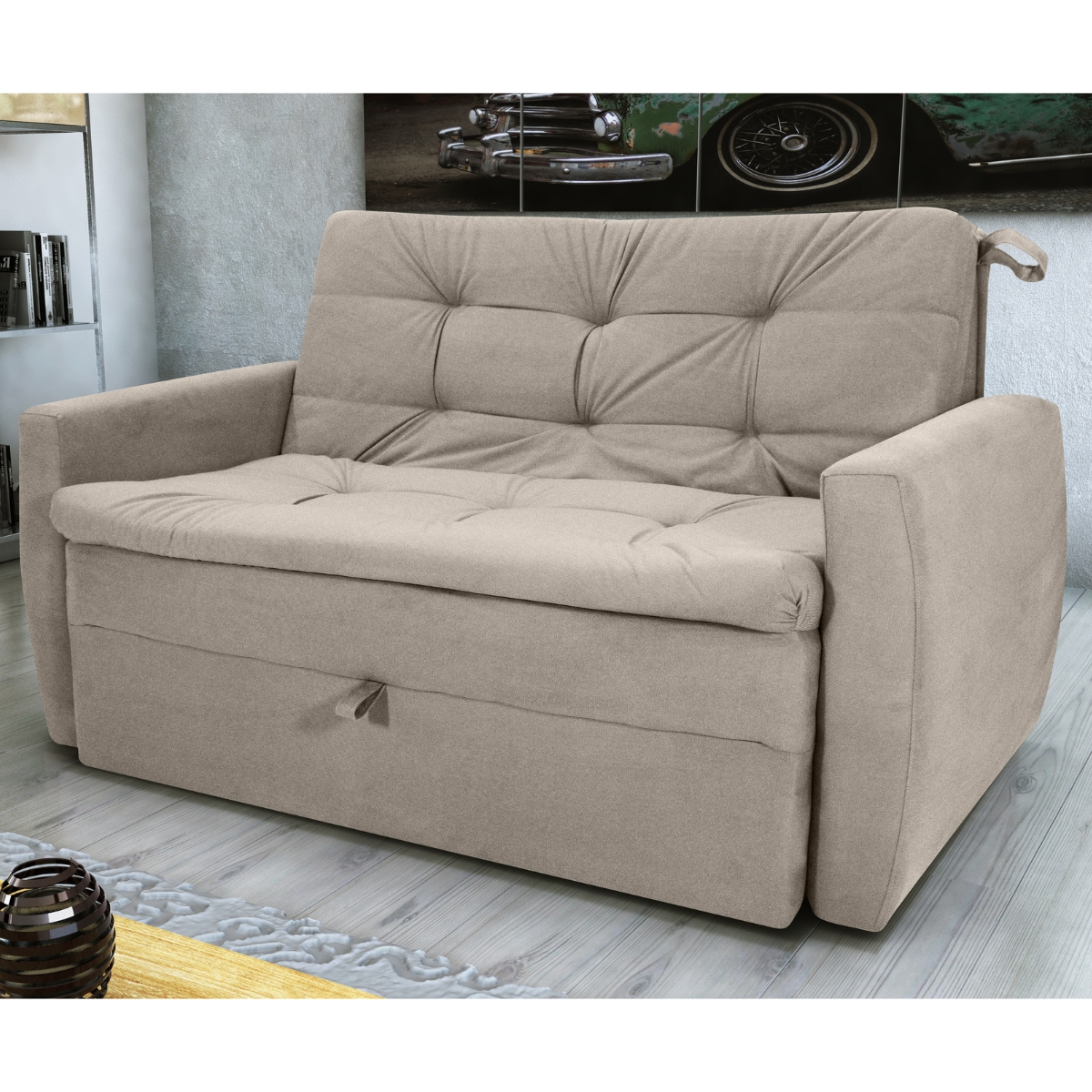 Sofá Cama para Sala de Estar Hiro Veludo Turkey Cappuccino