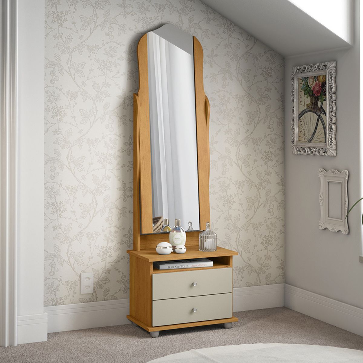 Toucador com 2 Gavetas Espelho Delta Cinamomo Off White