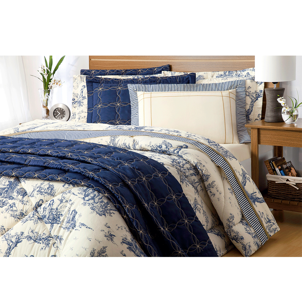 Cobre Leito Queen 200 fios Porcelana Azul Marinho Casaborda 3 peças