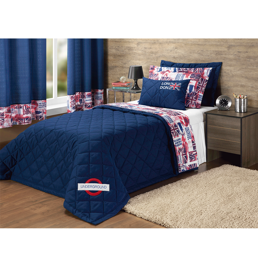 Edredom Solteiro 140 fios London Azul Casaborda 4 peças